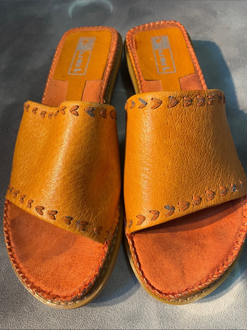 Fuel Orange Leather Slide Mules with Stitch Detail